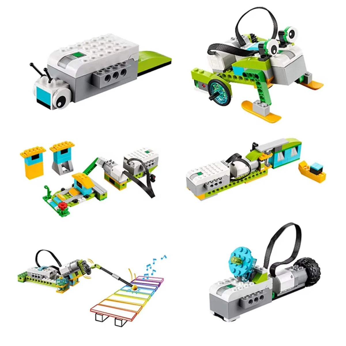A set of STEM programming building blocks featuring various mechanical and electronic components for kids.