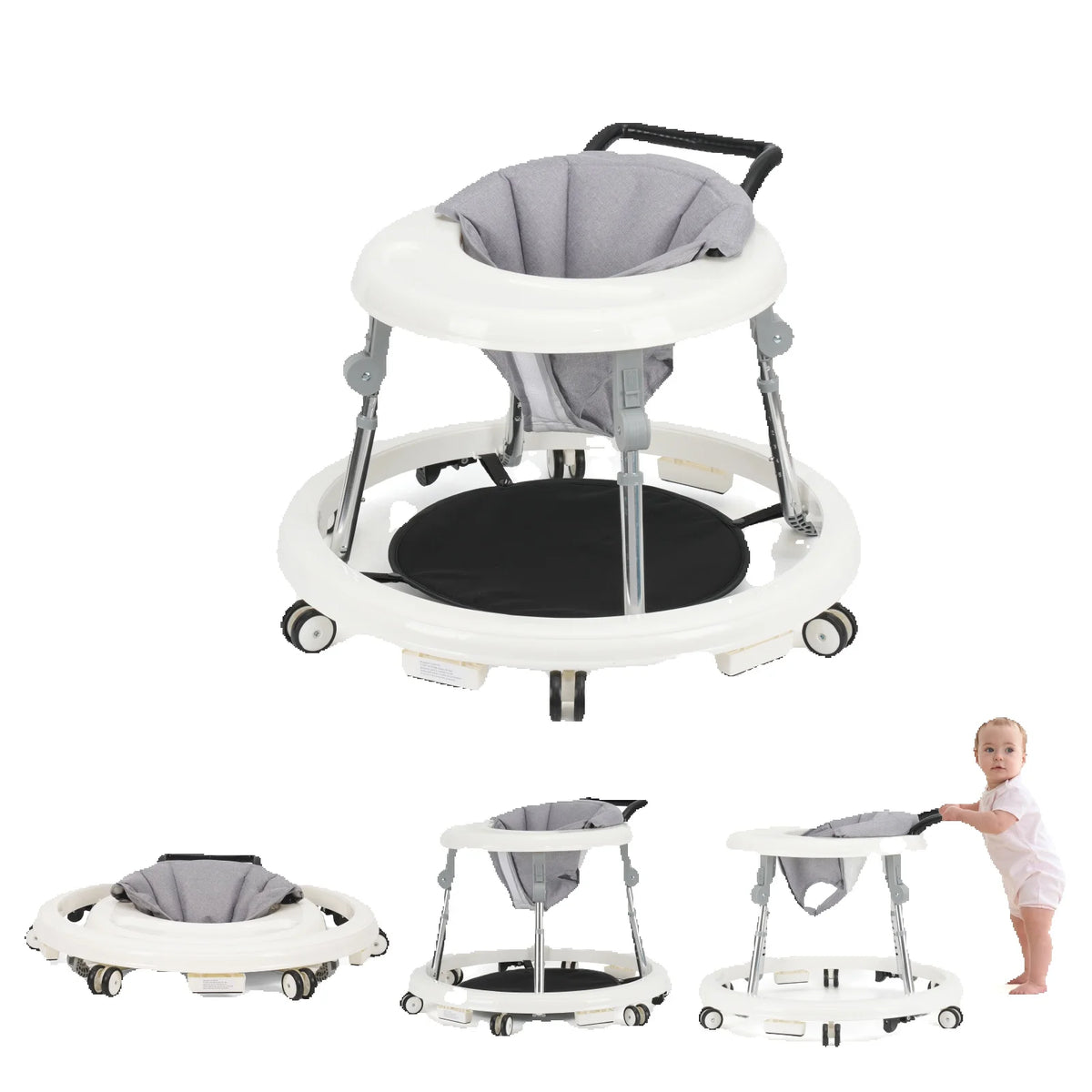 A white adjustable foldable baby walker with a gray seat and various attachments shown in different configurations.