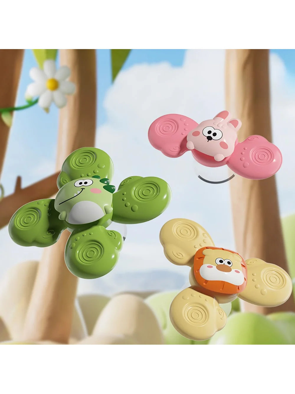 A set of pink and green spinning suction cup bath toys for toddlers floating in the air against a bright outdoor background.