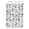 A grid of black and white temporary tattoos featuring various designs for kids and adults.