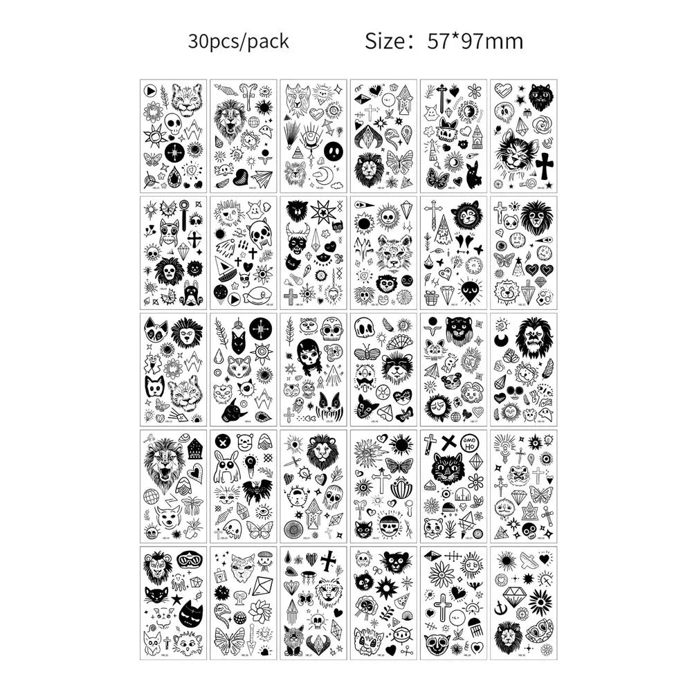 A grid of black and white temporary tattoos featuring various designs for kids and adults.