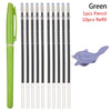 Green automatic fade pens with 10 pencils and refills shown next to a purple pen tip