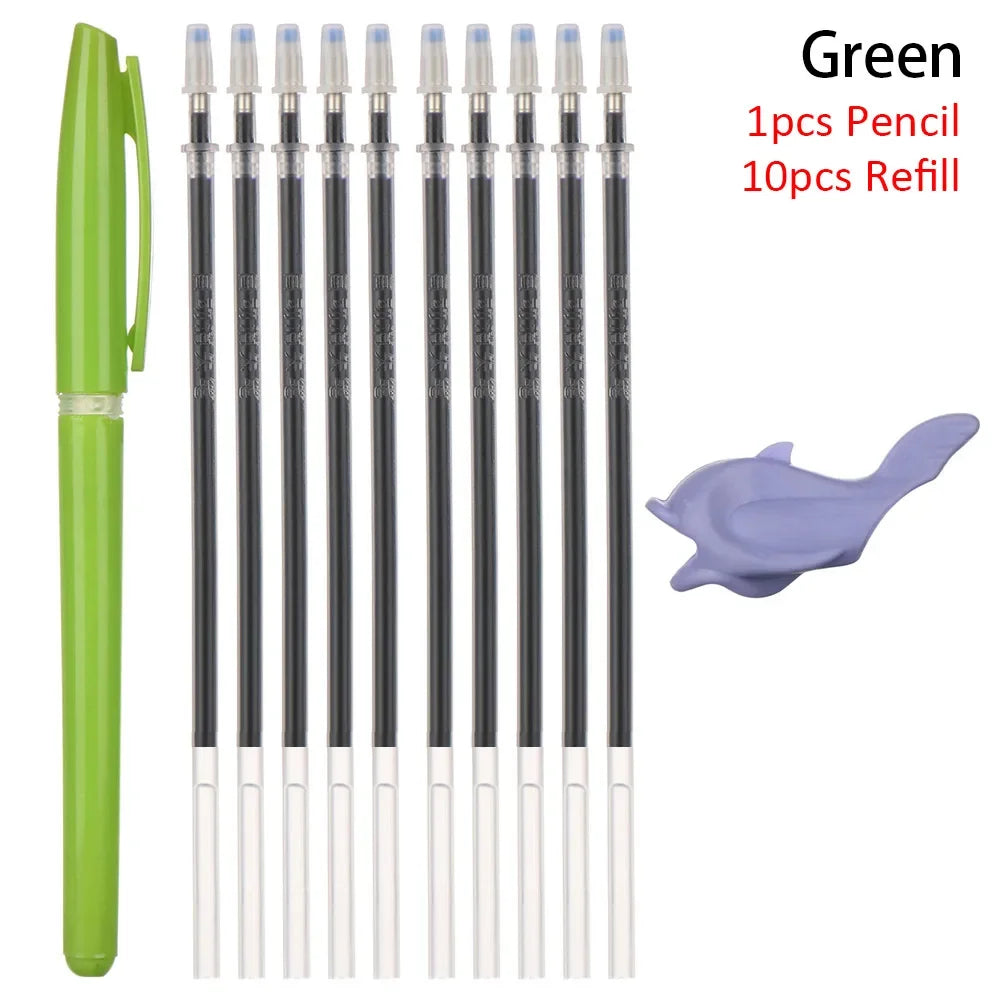 Green automatic fade pens with 10 pencils and refills shown next to a purple pen tip