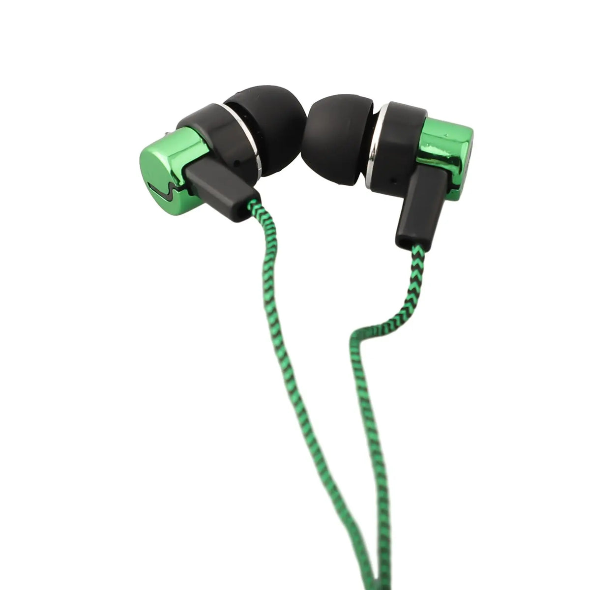 A pair of black in-ear wired earbuds with bright green accents and a green cord.