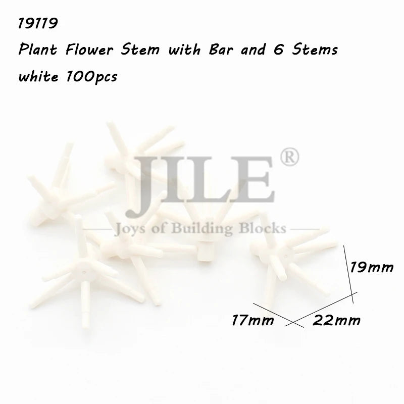 White plant flower stem building blocks with bar and six stems, 100 pieces.