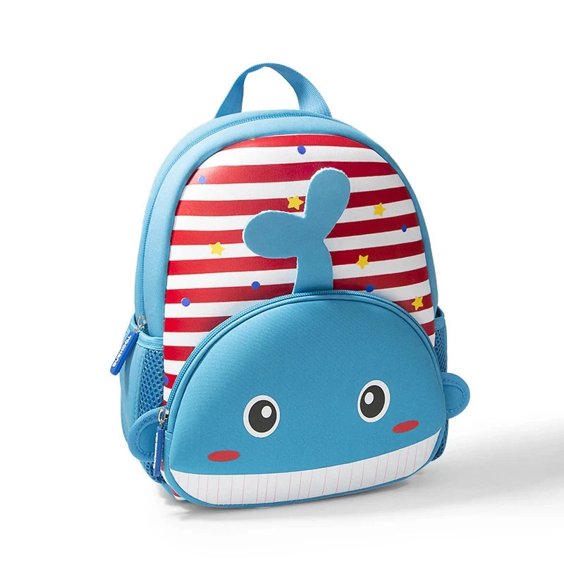 A blue and red striped backpack featuring a cute whale design with white stars