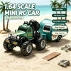 A green mini RC car is shown on a sandy beach with palm trees, featuring off-road tires and a detachable camper.