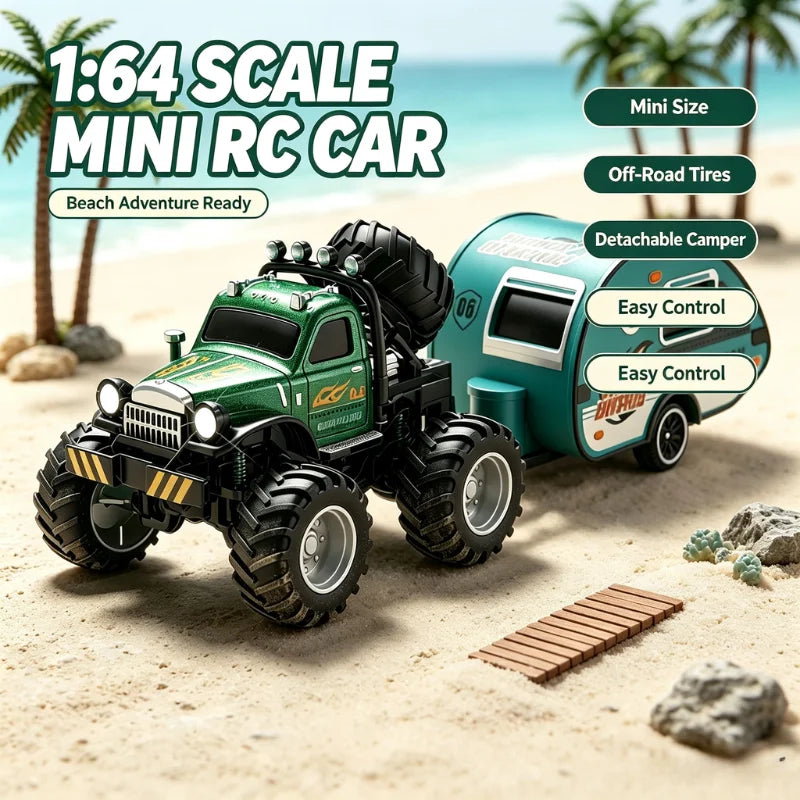 A green mini RC car is shown on a sandy beach with palm trees, featuring off-road tires and a detachable camper.
