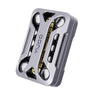 A silver metal magnetic fidget slider with textured grips and a gold-colored sliding mechanism.