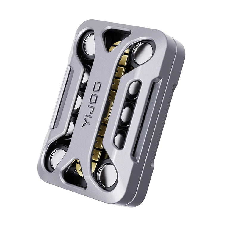 A silver metal magnetic fidget slider with textured grips and a gold-colored sliding mechanism.