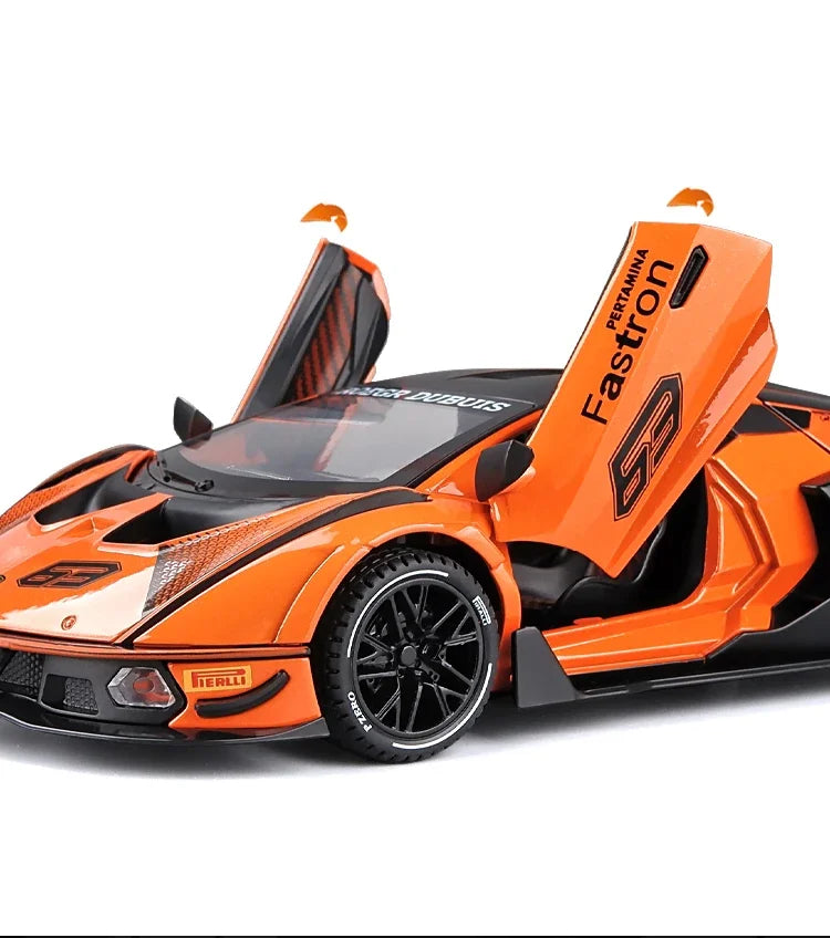 Orange 1:24 Lamborghini Essenza SCV12 diecast model car with sound and light features