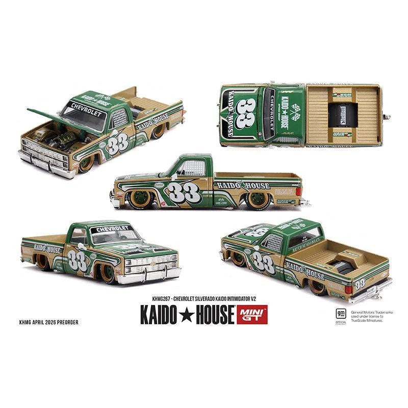 A collection of Kaido House 1:64 Chevrolet Silverado die-cast models in various configurations.