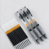 A collection of black and silver retractable gel pens with gold accents arranged diagonally on a white surface.