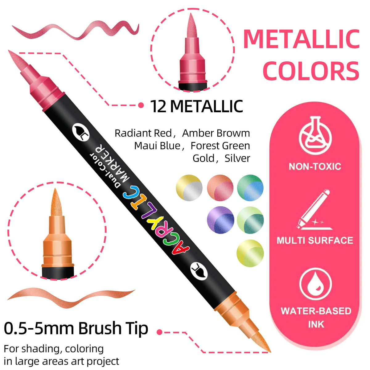 A black dual-tip acrylic marker pen with 12 metallic colors and a 0.5-5mm brush tip for shading and coloring.