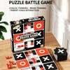 A box and game board of an upgraded Tic-Tac-Toe puzzle battle game with red and black pieces on a wooden table.