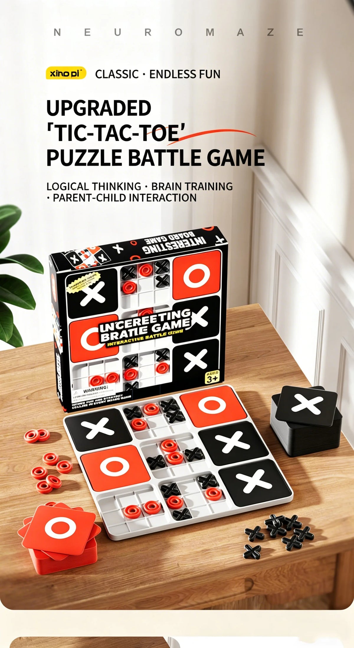 A box and game board of an upgraded Tic-Tac-Toe puzzle battle game with red and black pieces on a wooden table.