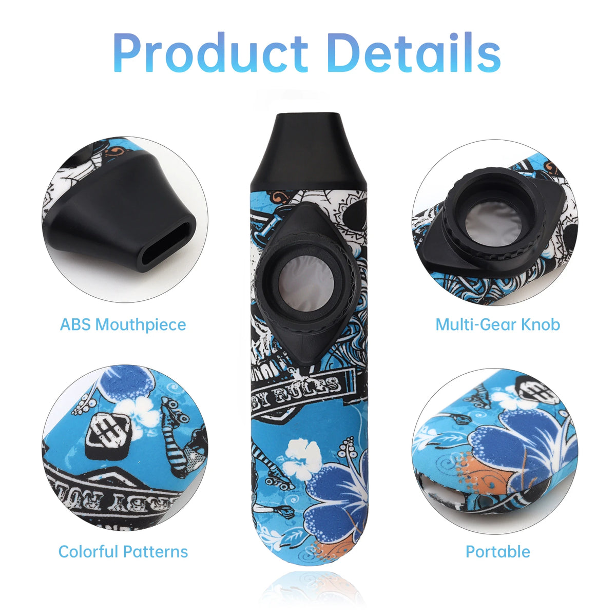 A black adjustable tone kazoo with colorful patterns and a multi-gear knob shown in various angles.