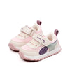 A pair of pink and purple girls and boys anti-slip breathable prewalker shoes with a light pink sole.