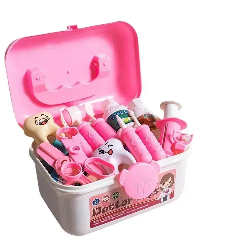 A pink kids doctor role play set with a storage box and medical trolley containing various pretend medical tools.