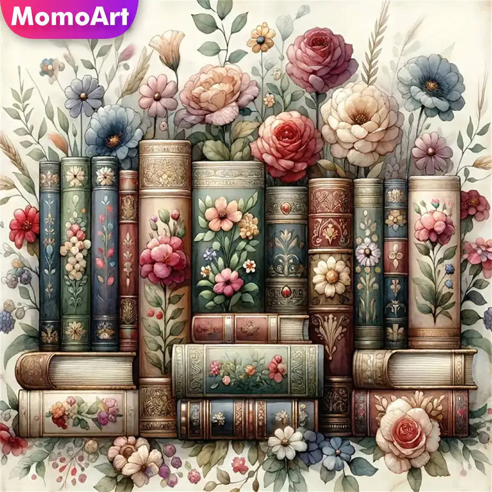 A watercolor illustration of antique books surrounded by floral greenery and roses.