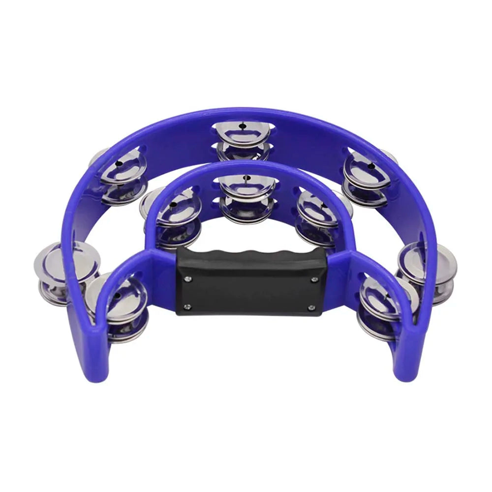 A purple double-layer tambourine with metal bells for kids.