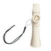 A beige portable kazoo flute with a lanyard attached, shown vertically.