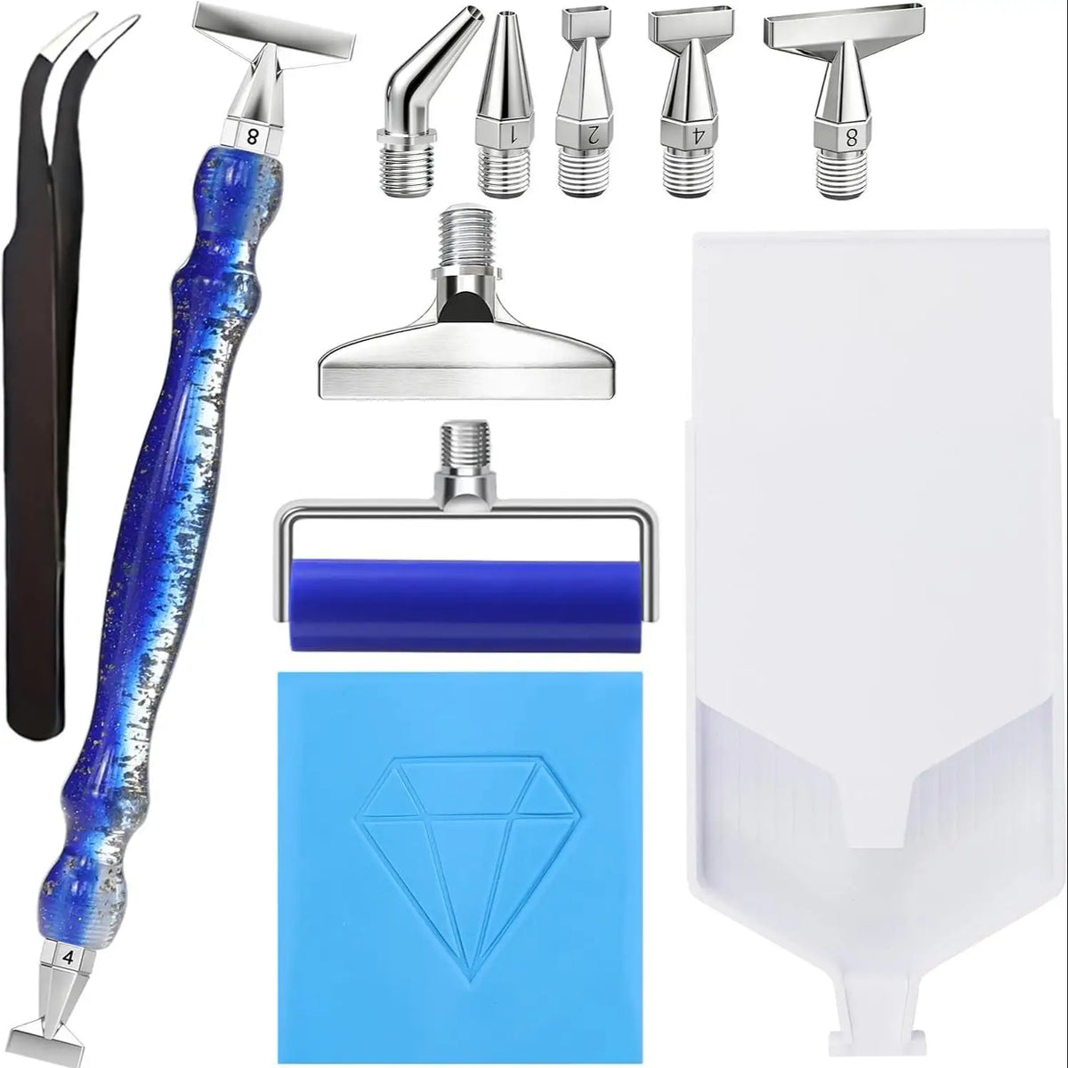 A complete diamond painting tool kit featuring precision pens, tools, and accessories for detailed work.