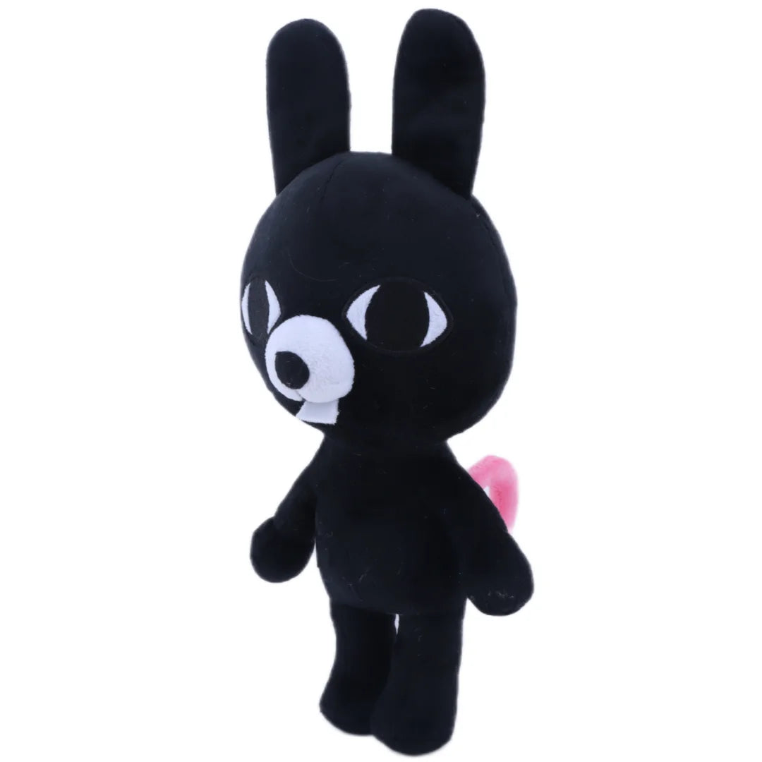 A black bunny plush stuffed animal toy with large ears and a pink detail.