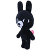 A black plush stuffed animal resembling a bunny with large ears and white facial markings.