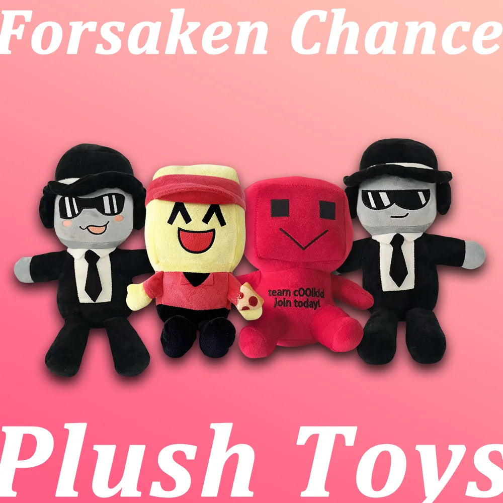 Four black and red plush toys with sunglasses and ties are displayed against a pink background.