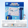 Blue marker airbrush kit with a pen, stencils, and storage bag shown on a box.