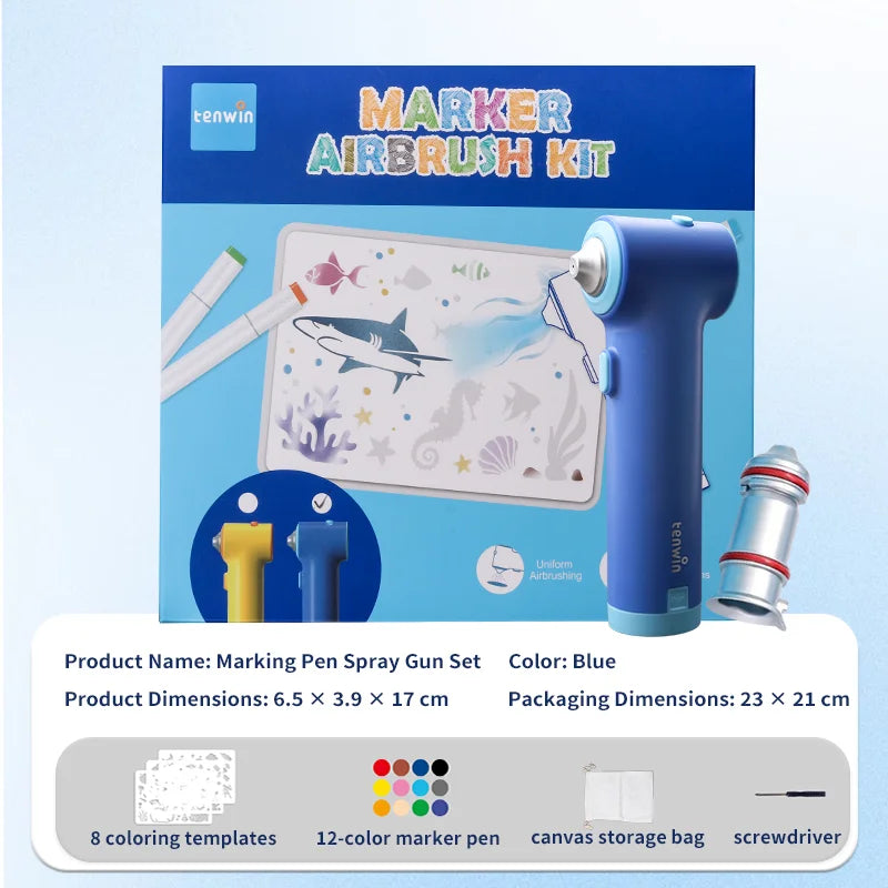 Blue marker airbrush kit with a pen, stencils, and storage bag shown on a box.