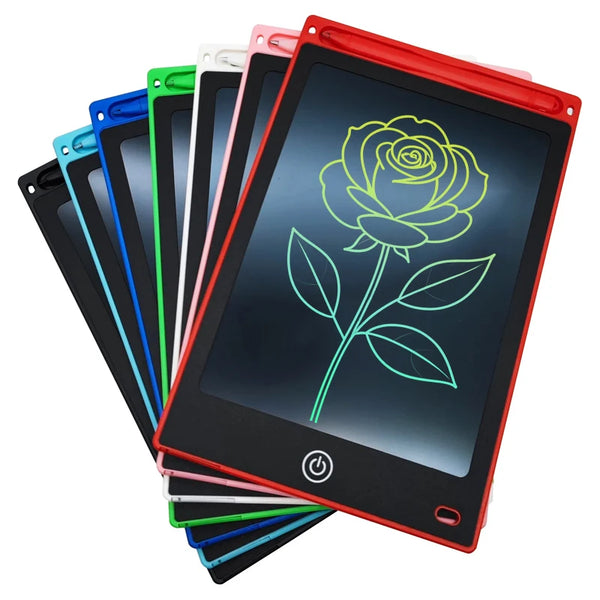 A stack of colorful kids electronic drawing tablets in various colors like red, pink, green, and blue.
