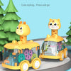 A yellow cute little figure press and go gear car toy featuring a giraffe and a tiger in a green forest setting.