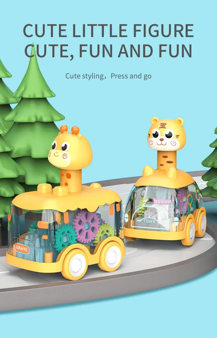 A yellow cute little figure press and go gear car toy featuring a giraffe and a tiger in a green forest setting.