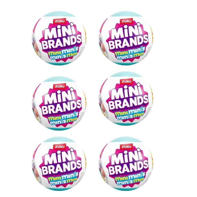 Six spherical collectible toys labeled Mini Brands with Zuru branding