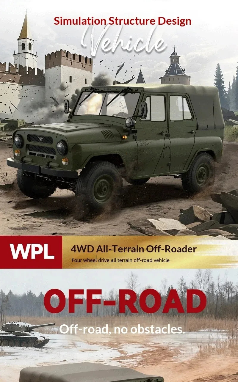 A dark olive green 1/12 scale 4WD off-road truck is shown driving through a muddy, rugged terrain.