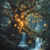 A dark, mystical forest scene featuring a large tree with glowing golden lights and cascading waterfalls.