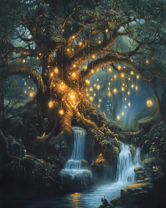 A dark, mystical forest scene featuring a large tree with glowing golden lights and cascading waterfalls.