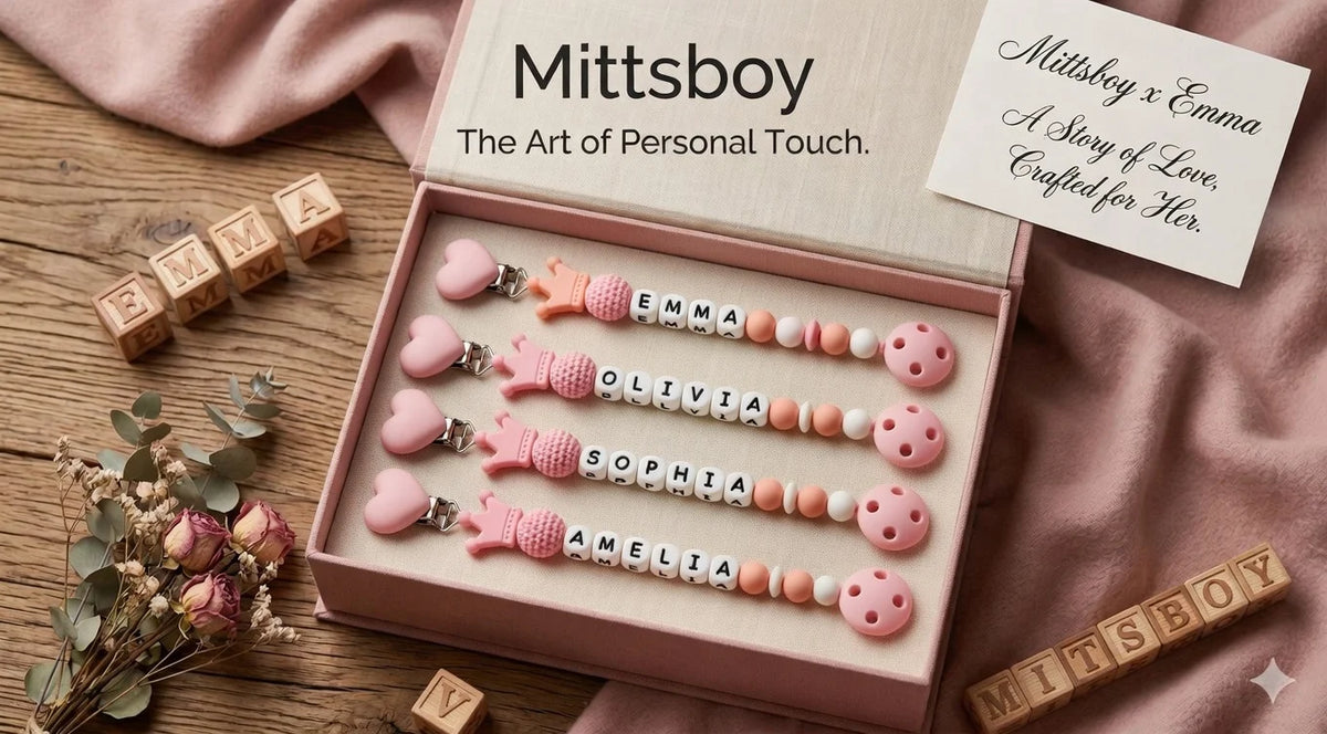 A box of personalized silicone pacifier clips featuring names like Emma, Olivia, and Sophia, displayed on a wooden surface.