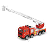 Red diecast fire truck toy with an extended ladder and water cannon apparatus.