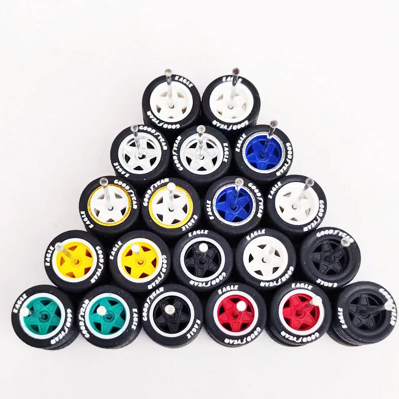 1/64 Scale Alloy Car Wheels with Rubber Tires - 10 Sets