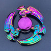 A shiny purple and silver metal fidget spinner with a smooth rotating blade.