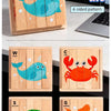 A set of four wooden jigsaw puzzles featuring marine life animals like a whale, crab, sea turtle, and goldfish.