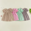 A row of plaid A-line dresses for toddlers in various colors including brown, pink, green, and purple.