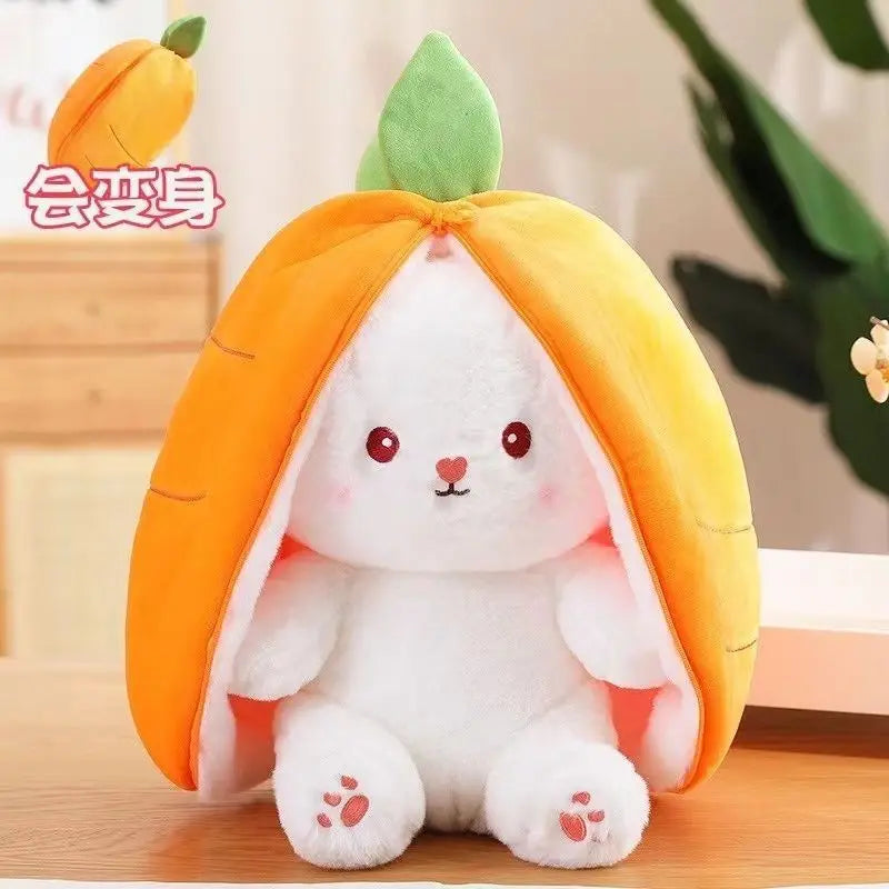 A white bunny plush toy is nestled inside an orange pumpkin-shaped fabric, resembling a fruit bunny.