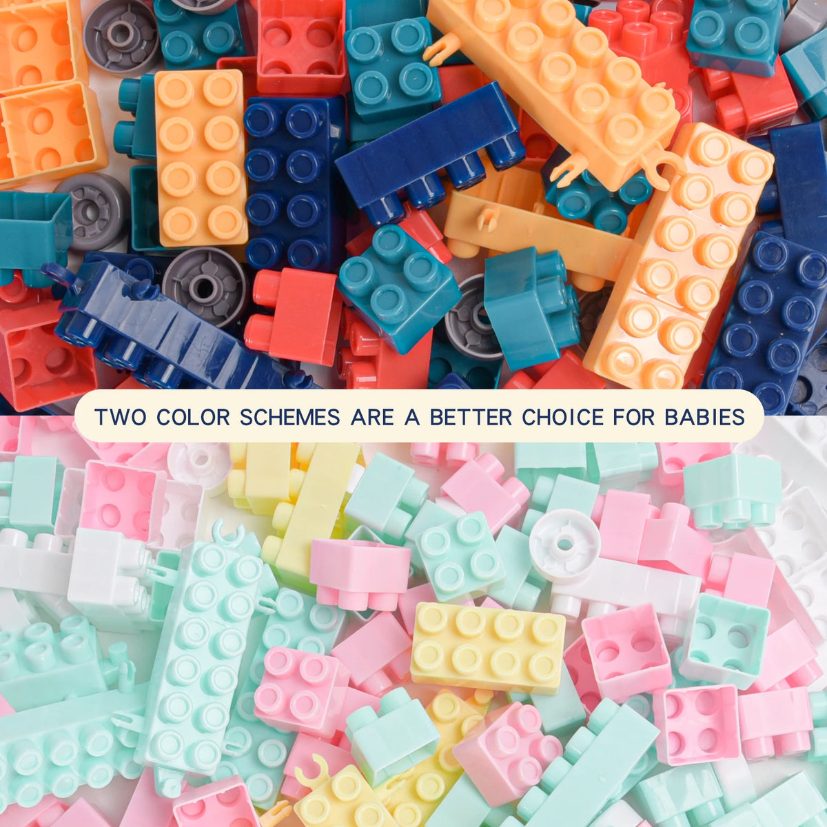 A pile of colorful educational stacking blocks in various shades including orange, blue, red, and yellow.