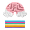 A pink and white silicone busy board with a cloud shape for sensory and fine motor development.