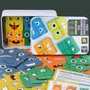 A set of wooden face-changing puzzle cubes in various colors and designs for a children's game.