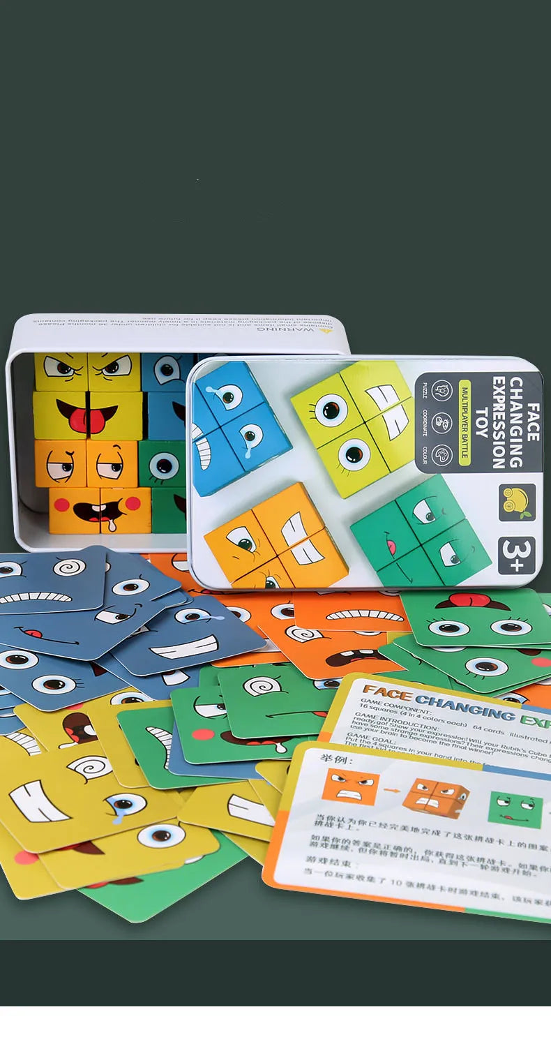 A set of wooden face-changing puzzle cubes in various colors and designs for a children's game.